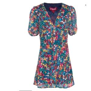 STAUD Rainbow Floral Flower Print Mini Dress V Neck Women's Sz 6